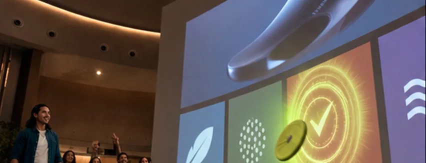 Equipos respondiendo una trivia de marca sobre una pared interactiva, vista 3