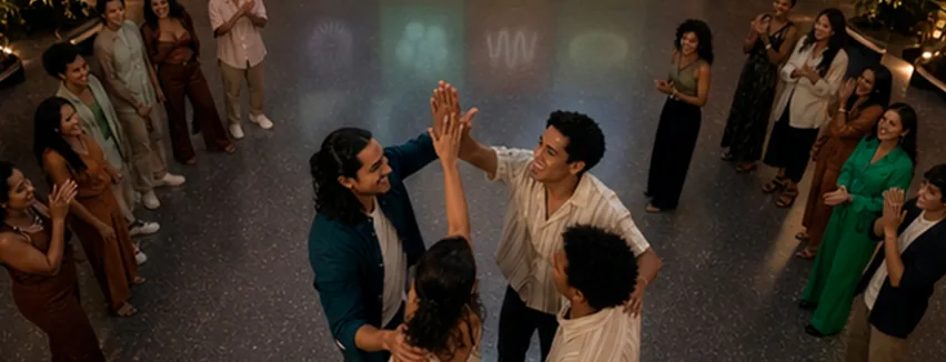 Equipos respondiendo una trivia de marca sobre una pared interactiva, vista 4
