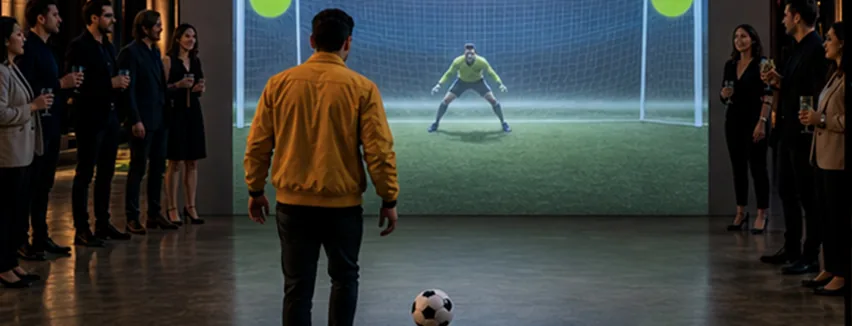 Personas participando en un juego interactivo de penales, vista 4