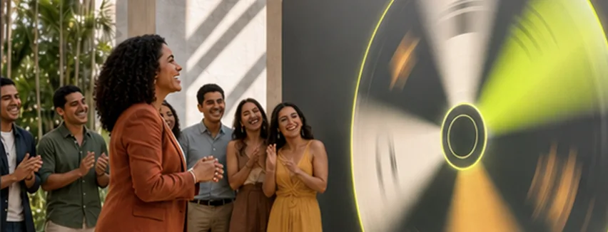 Participantes deteniendo una ruleta digital de premios, vista 2