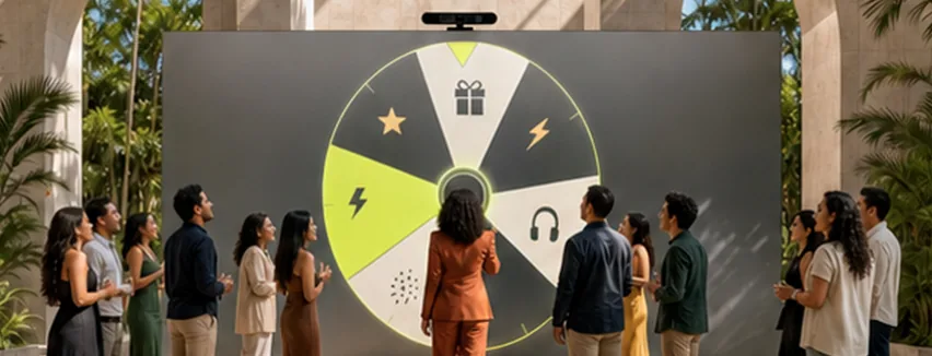 Participantes deteniendo una ruleta digital de premios, vista 4